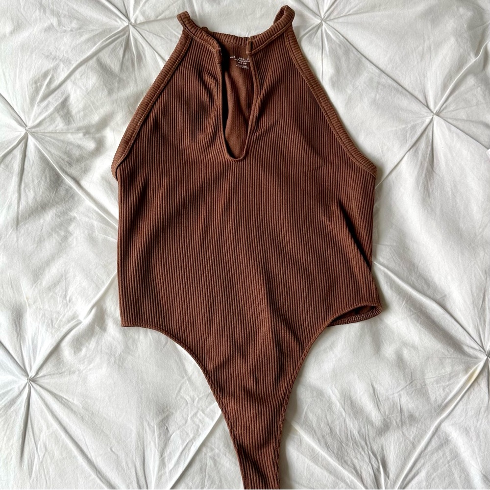 Urban Outfitter Out From Under Ribbed V-Cut Bodysuit in Brown